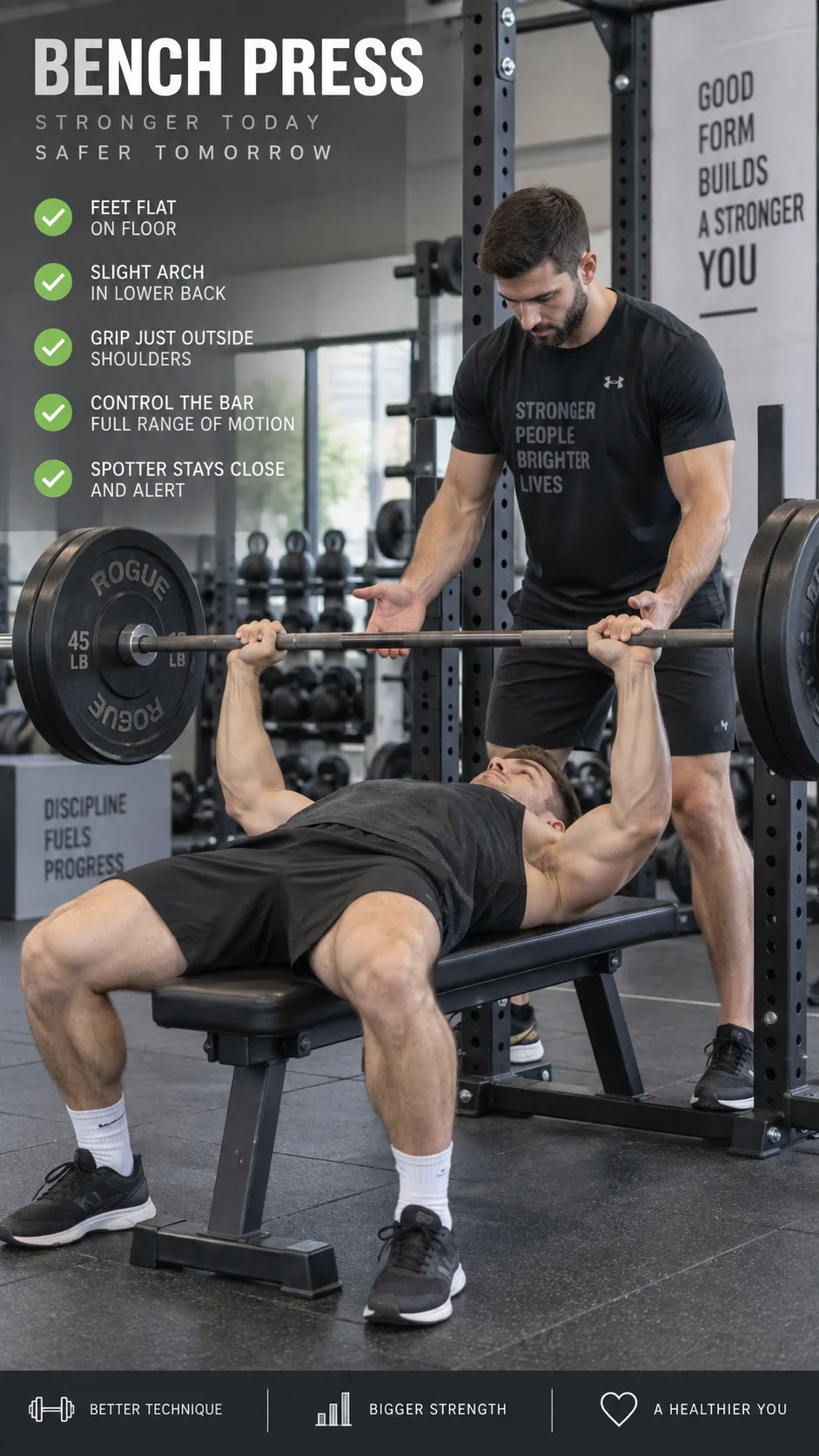 High-quality instructional fitness photograph showing a lifter performing a barbell bench press with correct form and a spotter nearby in a modern gym, neutral natural lighting, emphasis on safe full body strength training technique