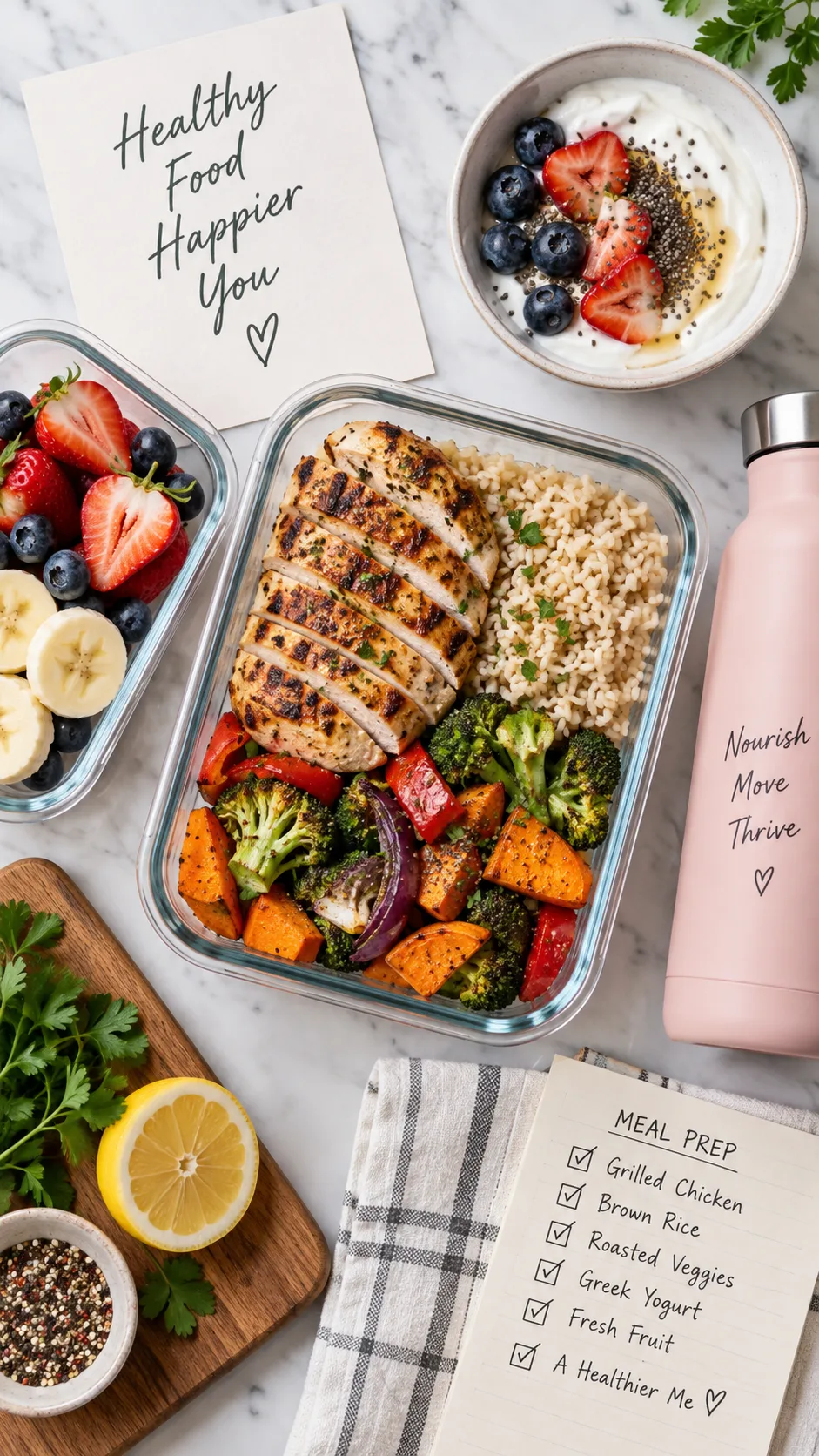 Strength Training Guide for Women: The Beginner-Friendly Blueprint That Actually Builds Lean Muscle 3 A flat-lay overhead shot of a balanced meal prep spread for a woman — grilled chicken, brown rice, roasted vegetables, Greek yogurt, and fruit. Clean, bright food photography with natural light.