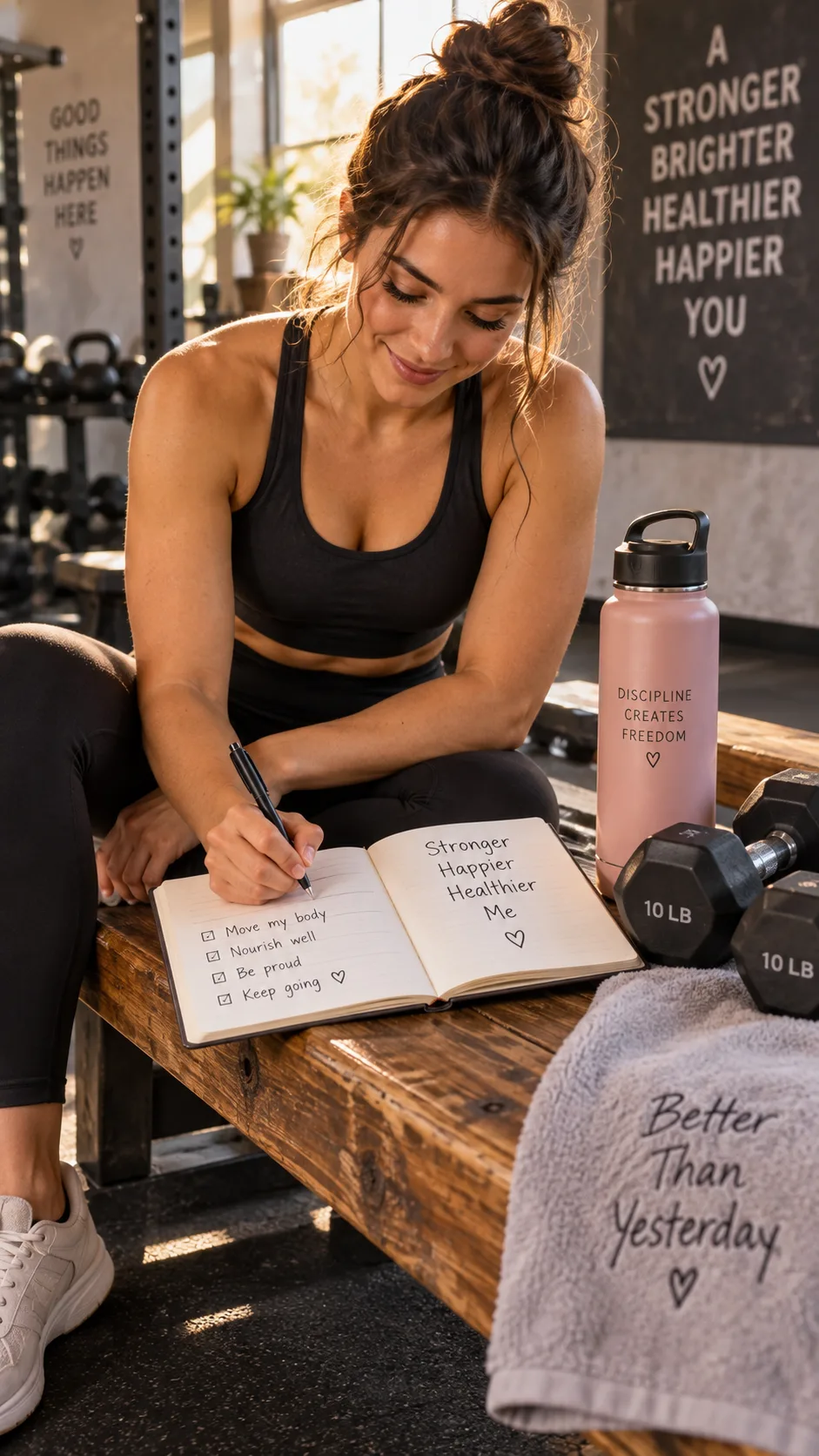 Strength Training Guide for Women: The Beginner-Friendly Blueprint That Actually Builds Lean Muscle 4 A woman writing in a fitness journal next to a set of dumbbells and a water bottle on a wooden gym bench. Warm, motivating aesthetic, lifestyle photography style.