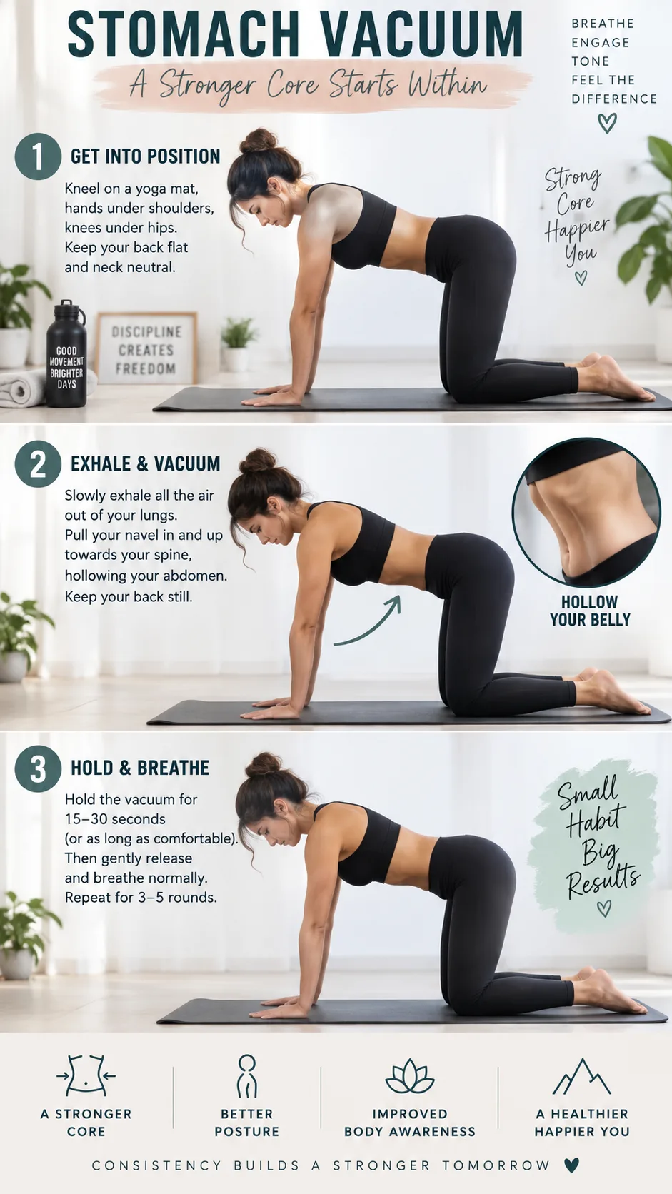 The Stomach Vacuum Exercise Flattens Your Waist Faster Than Crunches — Here's the Right Way 2 Step-by-step illustrated close-up of a person performing a stomach vacuum exercise on all fours on a yoga mat, showing the hollowed abdomen position, bright clean studio background, instructional fitness photography style
