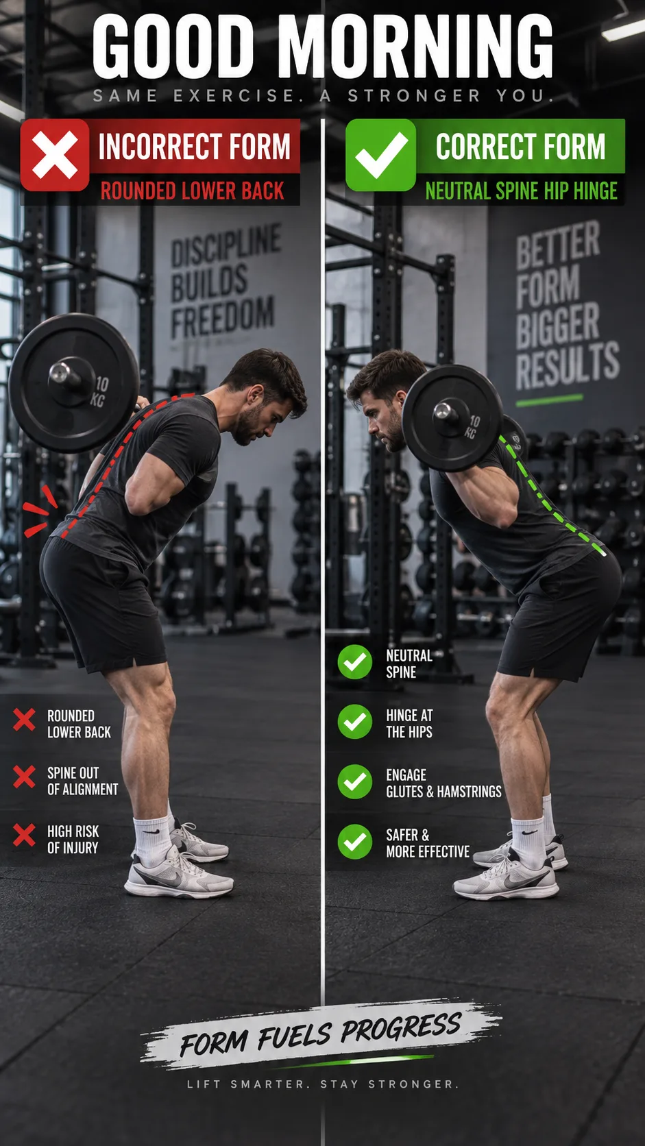 Side-by-side comparison of two male gym-goers performing the good morning exercise — left shows incorrect rounded lower back form with red warning indicators, right shows correct neutral spine hip hinge form with green checkmark indicators, gym background
