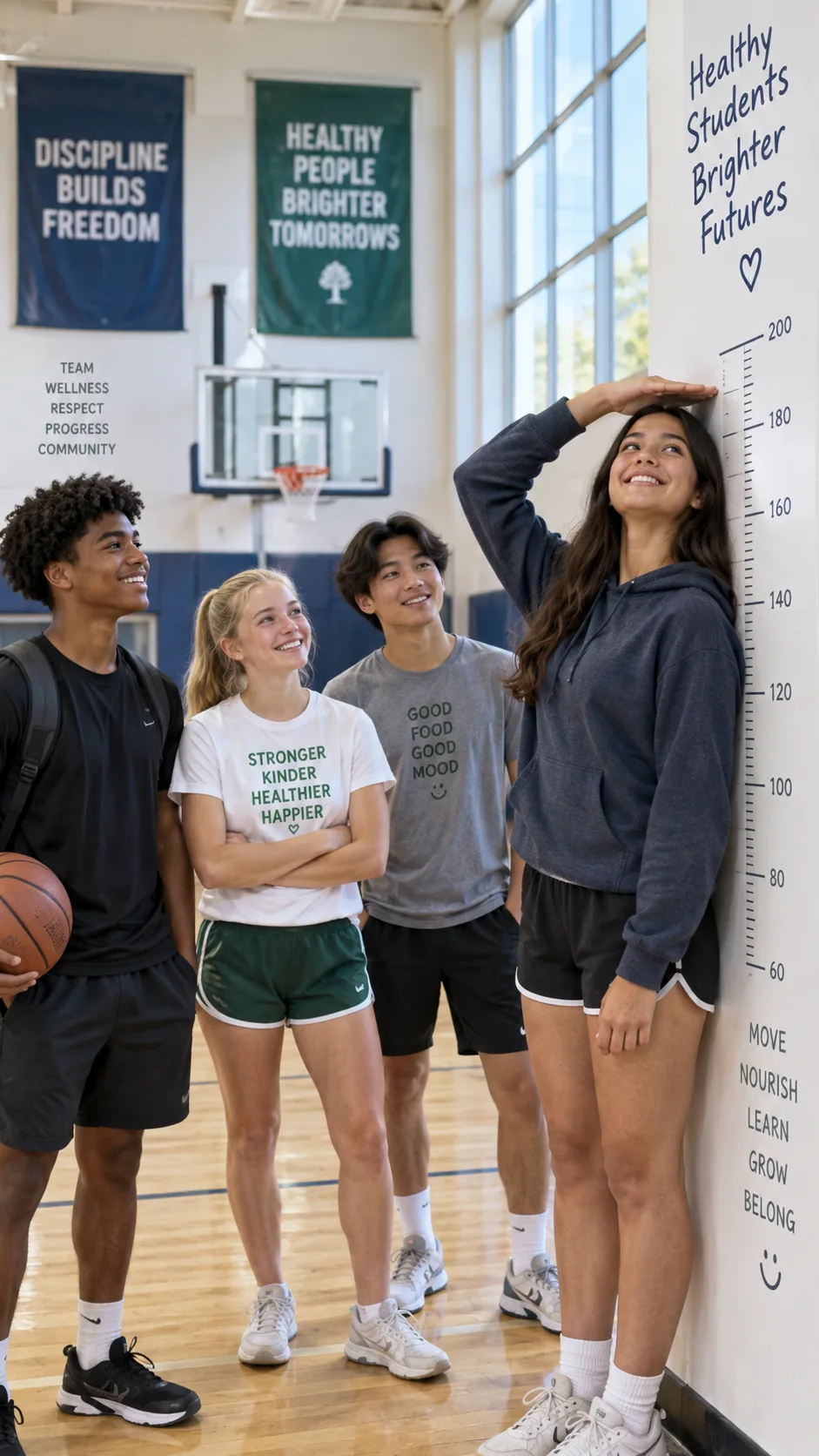 How to Increase Height for Teenagers: 9 Science-Backed Habits Most Teens Overlook 1 Realistic editorial photography of a diverse group of healthy teenagers standing confidently in a bright school gym, one teen measuring height against a wall chart, natural daylight, supportive wellness and growth theme, authentic candid expressions