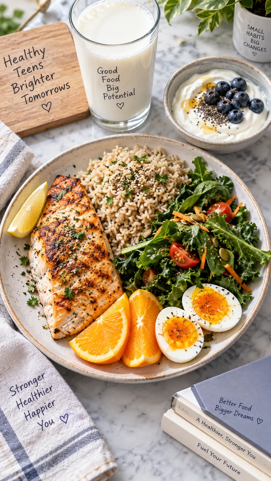 How to Increase Height for Teenagers: 9 Science-Backed Habits Most Teens Overlook 2 Top-down realistic food photography of a nutritious teenage growth-supporting meal with grilled fish, brown rice, leafy greens, yogurt, eggs, orange slices, and a glass of milk, bright natural kitchen lighting, colorful and appetizing