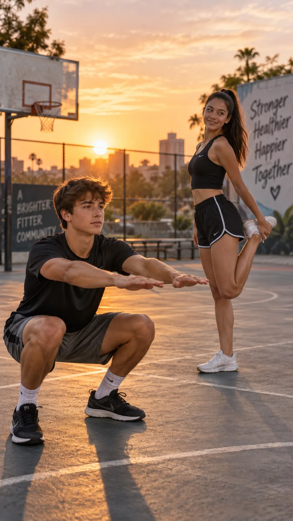 How to Increase Height for Teenagers: 9 Science-Backed Habits Most Teens Overlook 3 Realistic candid photography of a teenage boy and teenage girl doing safe bodyweight exercises and stretching in an outdoor community basketball court at sunset, healthy posture, athletic but natural bodies, warm inspiring light
