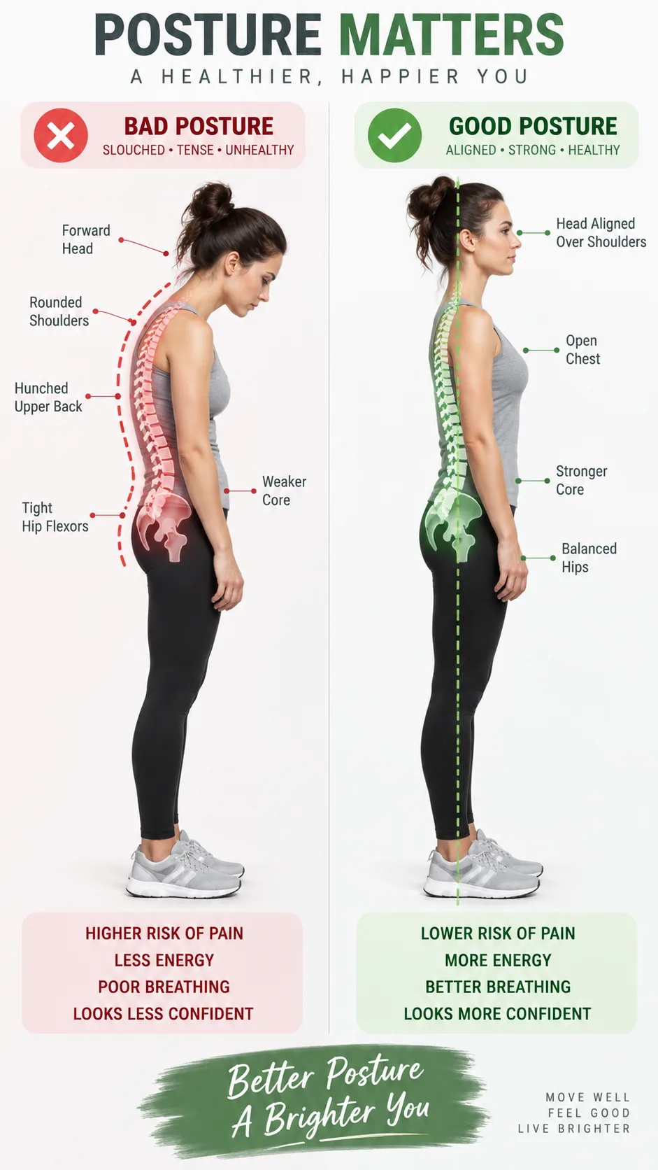 Side-by-side comparison illustration of a person with slouched bad posture versus the same person standing upright with correct posture, clear anatomical improvement visible, clean educational style diagram