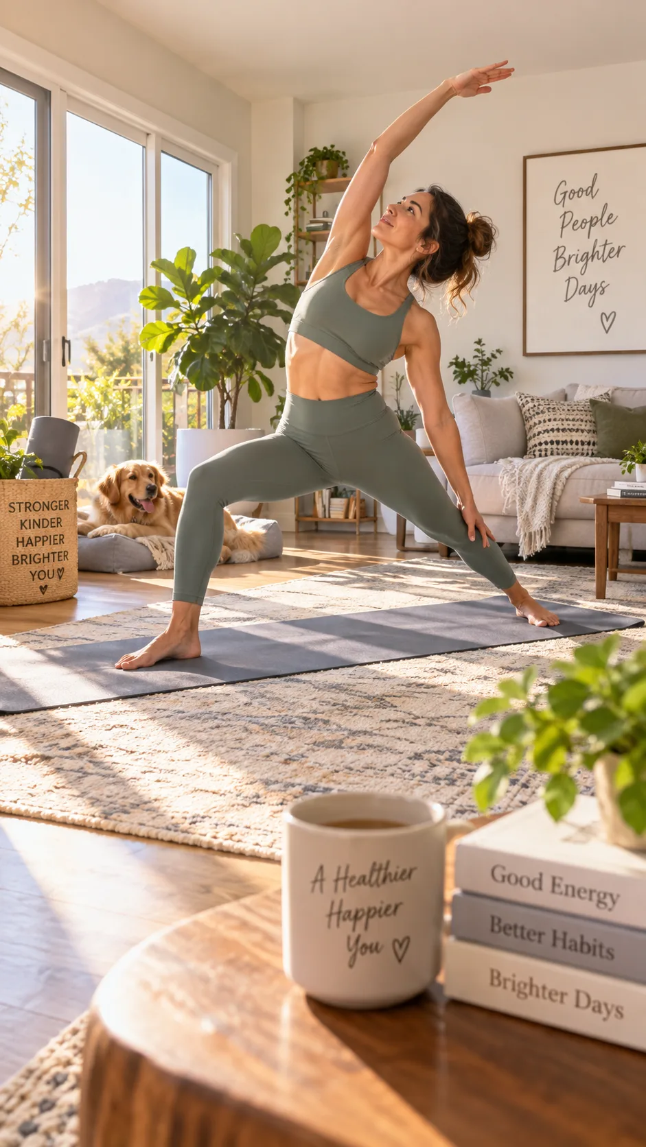 An adult in their 30s doing a morning yoga stretch routine in a sunlit living room, focused and energetic, wide angle shot, wellness lifestyle aesthetic