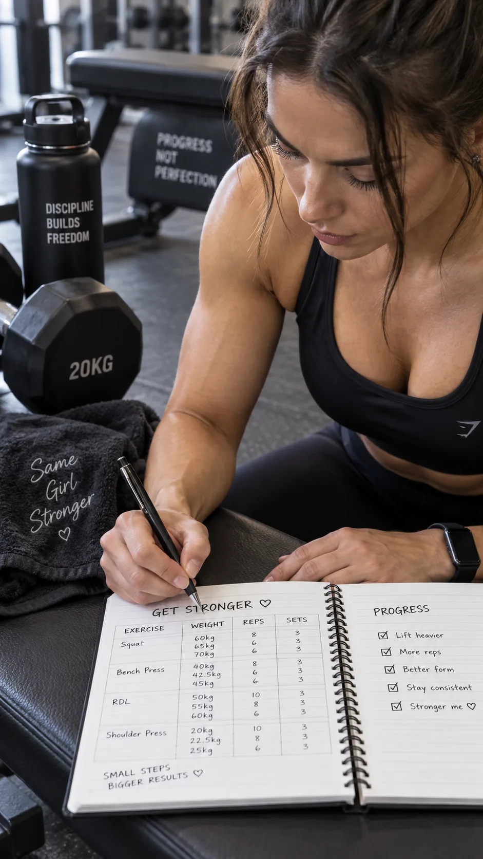 Close-up realistic fitness photography of a woman recording her weights and repetitions in a training journal beside dumbbells, water bottle, and gym bench, showing progressive overload tracking