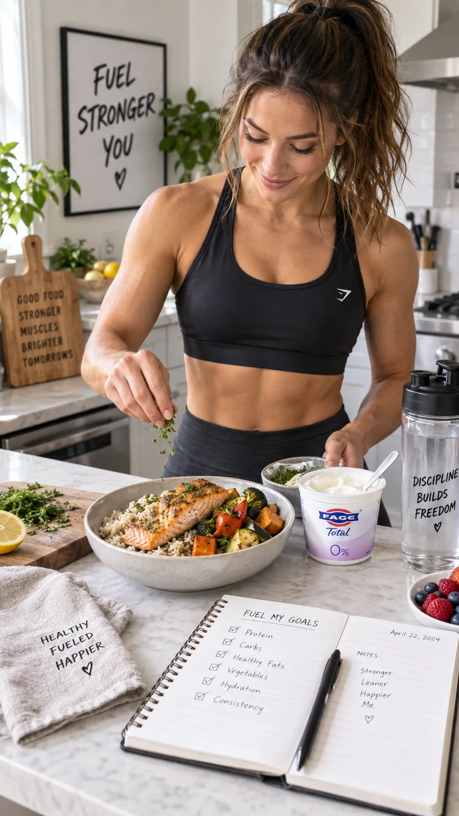Bright realistic kitchen photography showing a female athlete preparing a high-protein balanced meal with salmon, rice, roasted vegetables, Greek yogurt, and a food journal, practical muscle-building nutrition scene