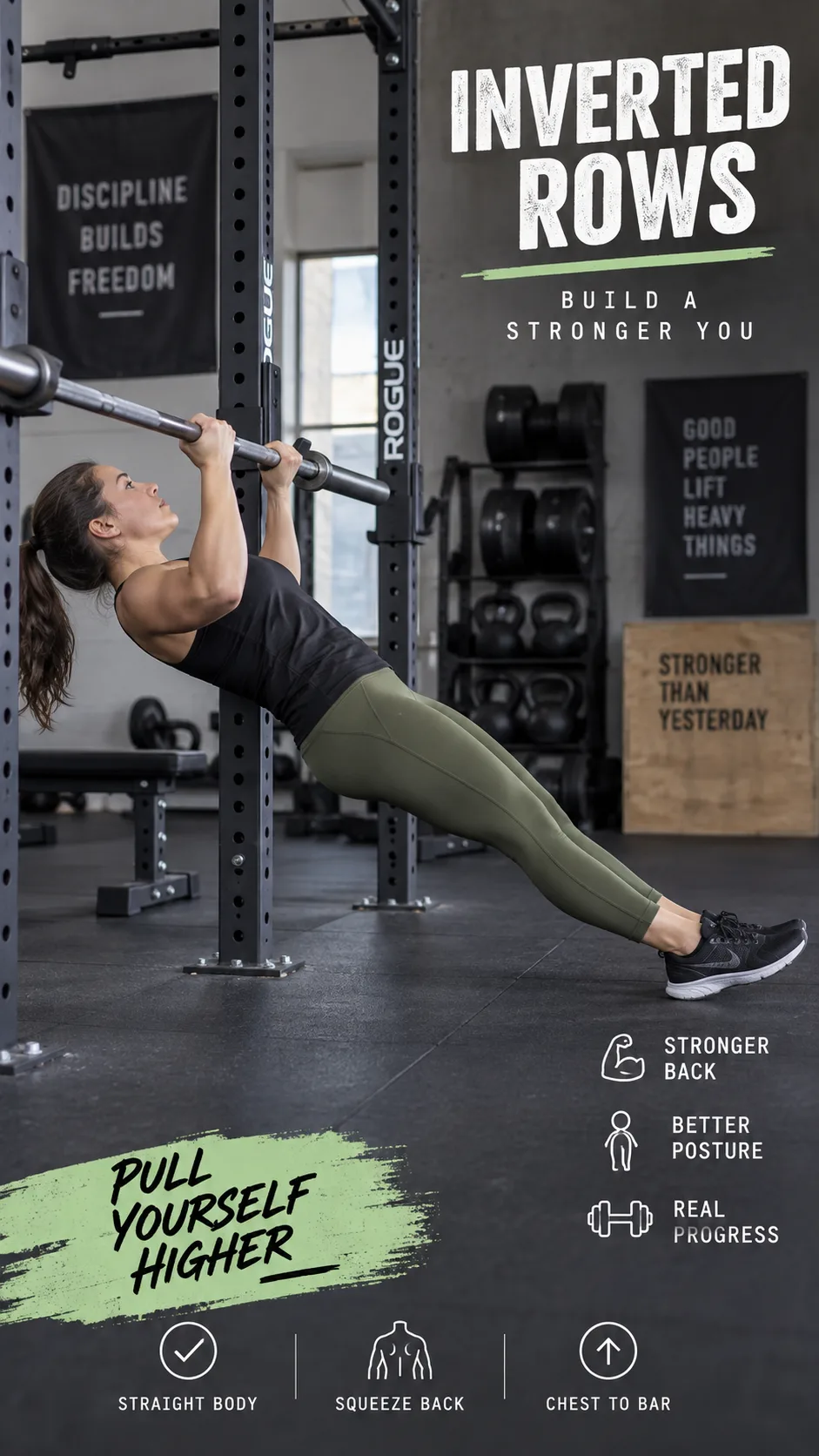Pull Up Progression: From Dead Hang to Your First Rep (Even If You Can't Do One Yet) 3 Person doing inverted rows under a barbell in a squat rack, body straight, pulling chest to bar, gym environment, side view, good form shown