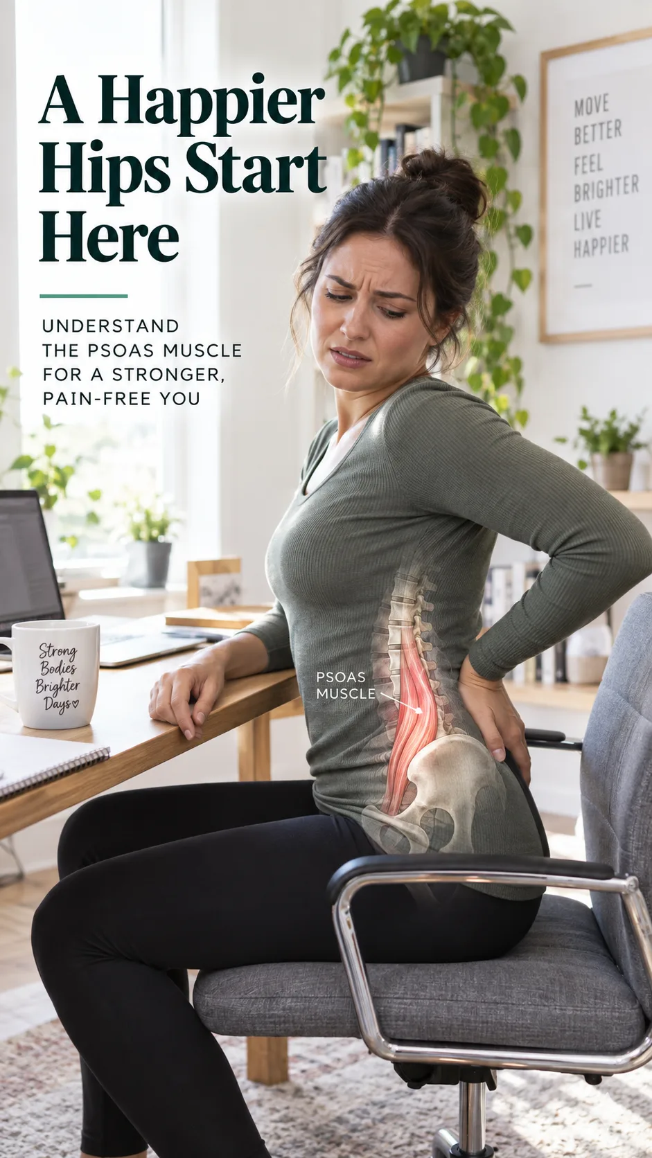 Realistic fitness photography of an adult sitting at a desk with one hand on their lower back and a concerned expression, subtle anatomical overlay highlighting the psoas muscle from lumbar spine to hip, bright home office, educational health article style