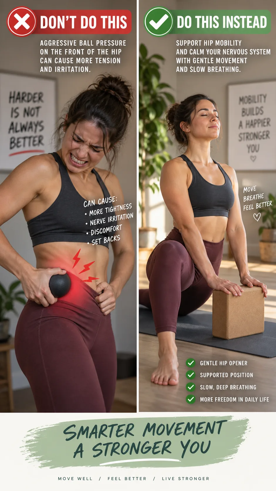 Split-screen realistic fitness instructional image: left side shows a person grimacing while pressing a hard massage ball deeply into the front of their hip and abdomen with a red warning symbol; right side shows the same person calmly doing supported hip mobility and slow breathing, warm natural lighting