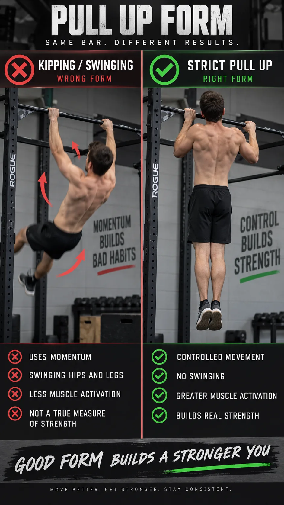 Pull Up Progression: From Dead Hang to Your First Rep (Even If You Can't Do One Yet) 5 Split image showing wrong versus right pull up form — left side showing kipping and swinging, right side showing strict controlled pull up, gym setting, educational style