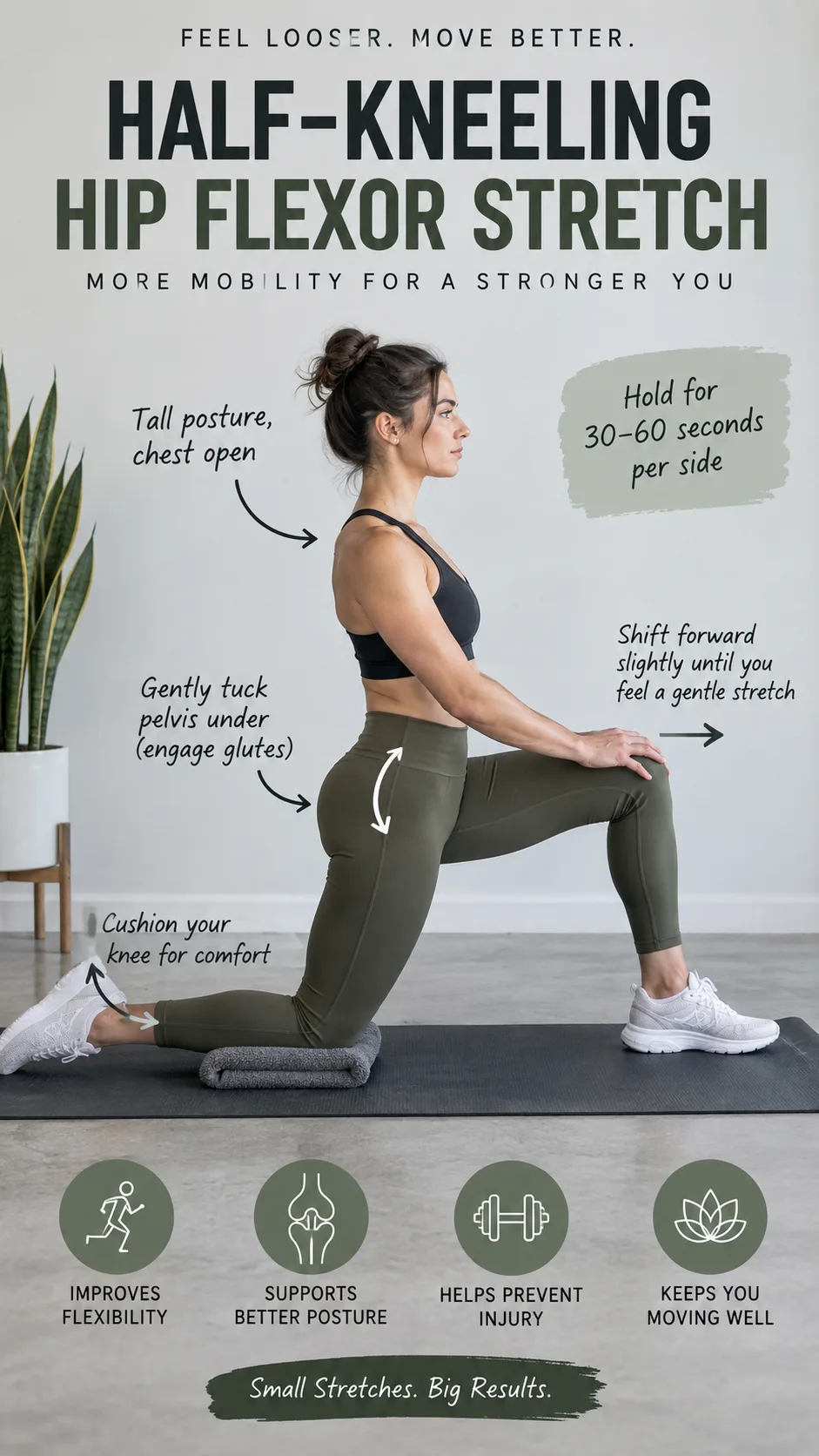 Realistic instructional fitness photograph of a person performing a proper half-kneeling hip flexor stretch on a yoga mat, rear knee cushioned, torso upright, glute engaged, arrows showing gentle pelvic tuck and forward shift, clean studio setting