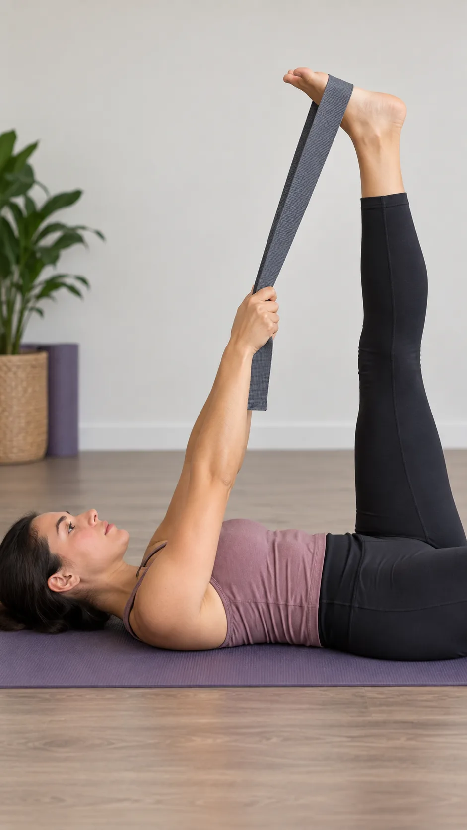 Close-up of a person lying on a yoga mat performing a supine hamstring stretch with a resistance band around their foot, neutral background, clear form demonstration