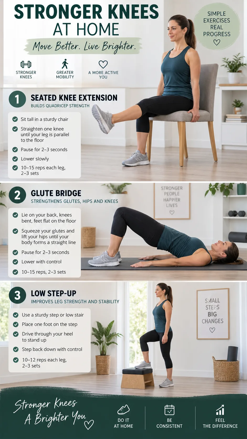 How to Strengthen Knees That Crack, Ache, and Give Out on Stairs 3 Realistic instructional fitness photography collage showing three knee strengthening exercises at home: seated knee extension, glute bridge, and low step-up, adult demonstrator with correct form, clean bright room, physiotherapy educational style