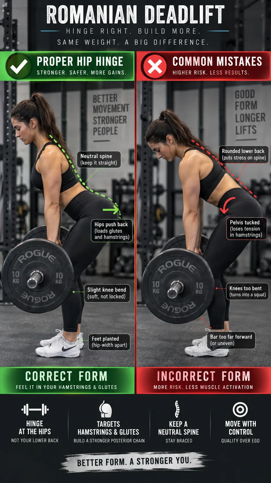 Side-by-side comparison of correct vs incorrect hip hinge during Romanian deadlift — left shows proper posterior hip push with neutral spine, right shows rounding of lower back and tucked pelvis, labeled diagrams, gym setting, educational visual style