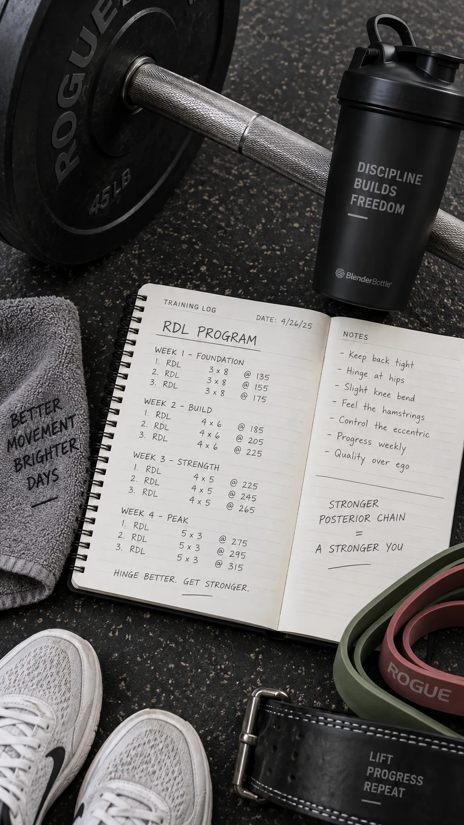 Overhead flat-lay of a gym training log with RDL program written out, next to a barbell, protein shaker, and resistance bands on a gym floor, lifestyle fitness photography aesthetic