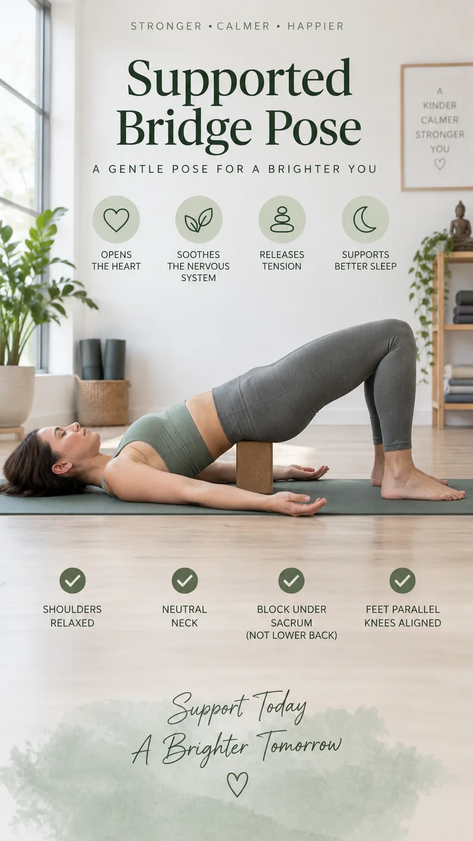 Realistic yoga instruction photograph showing supported bridge pose with a cork yoga block positioned safely under the sacrum, beginner with relaxed shoulders and neutral neck, feet parallel and knees aligned, bright minimalist studio, close attention to correct alignment