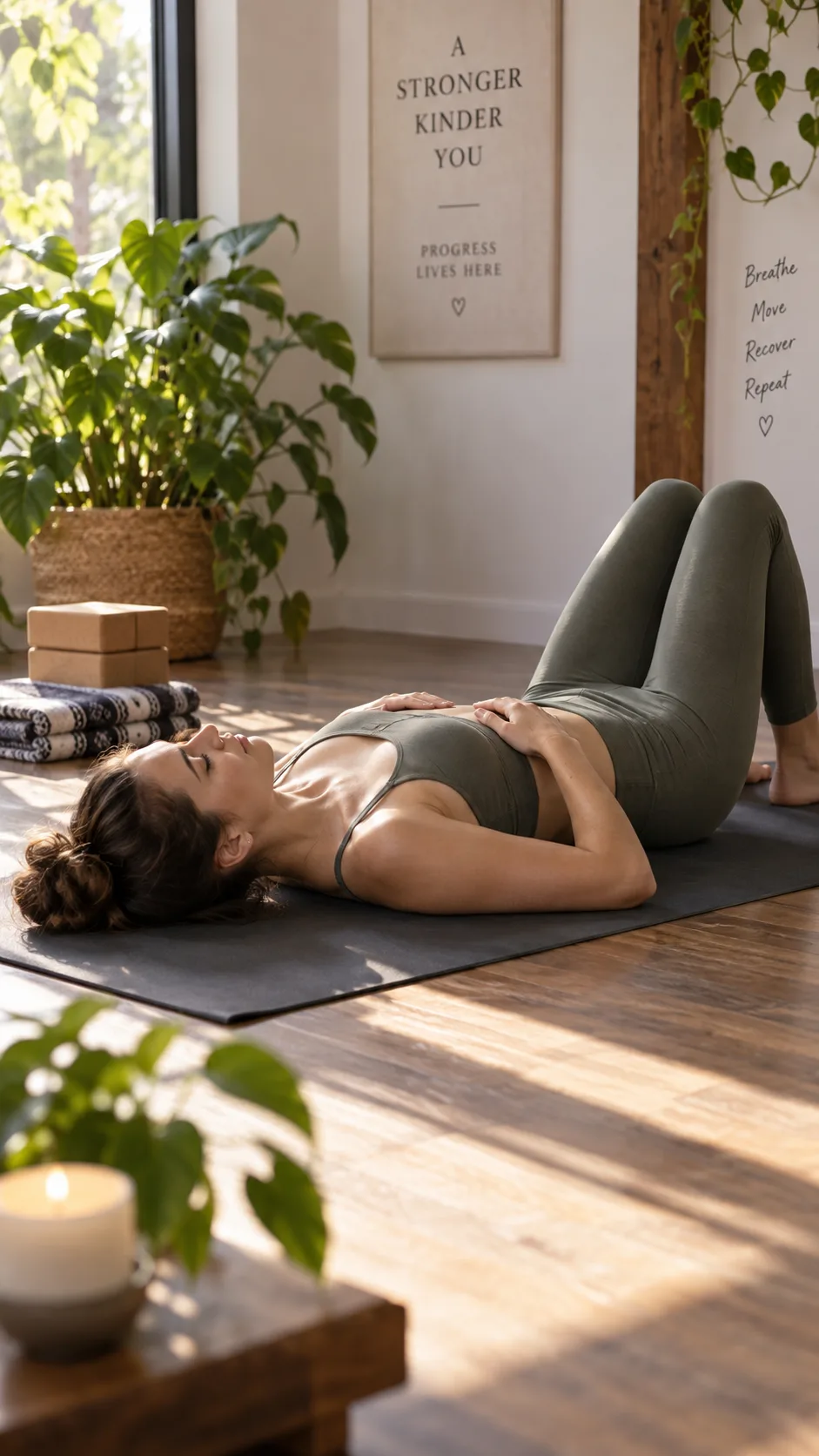 Calm realistic fitness photography of a person resting after backbend practice on a yoga mat, lying on their back with knees bent and feet on the floor, hands on ribs for slow breathing, warm natural light, peaceful recovery moment