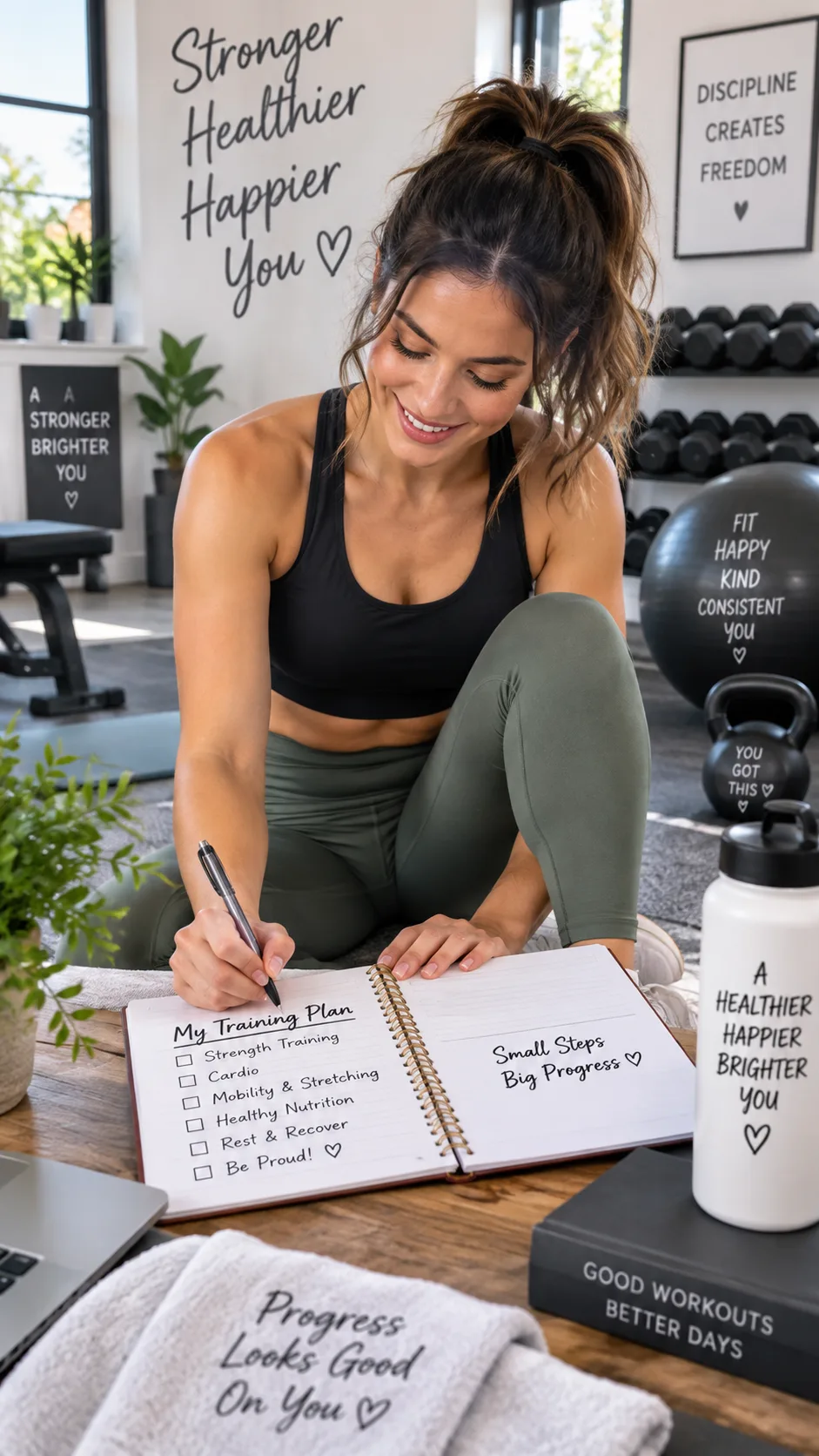 An energetic person in casual workout clothes setting up a training schedule on a notebook in a bright, modern home gym setting — motivational and approachable atmosphere