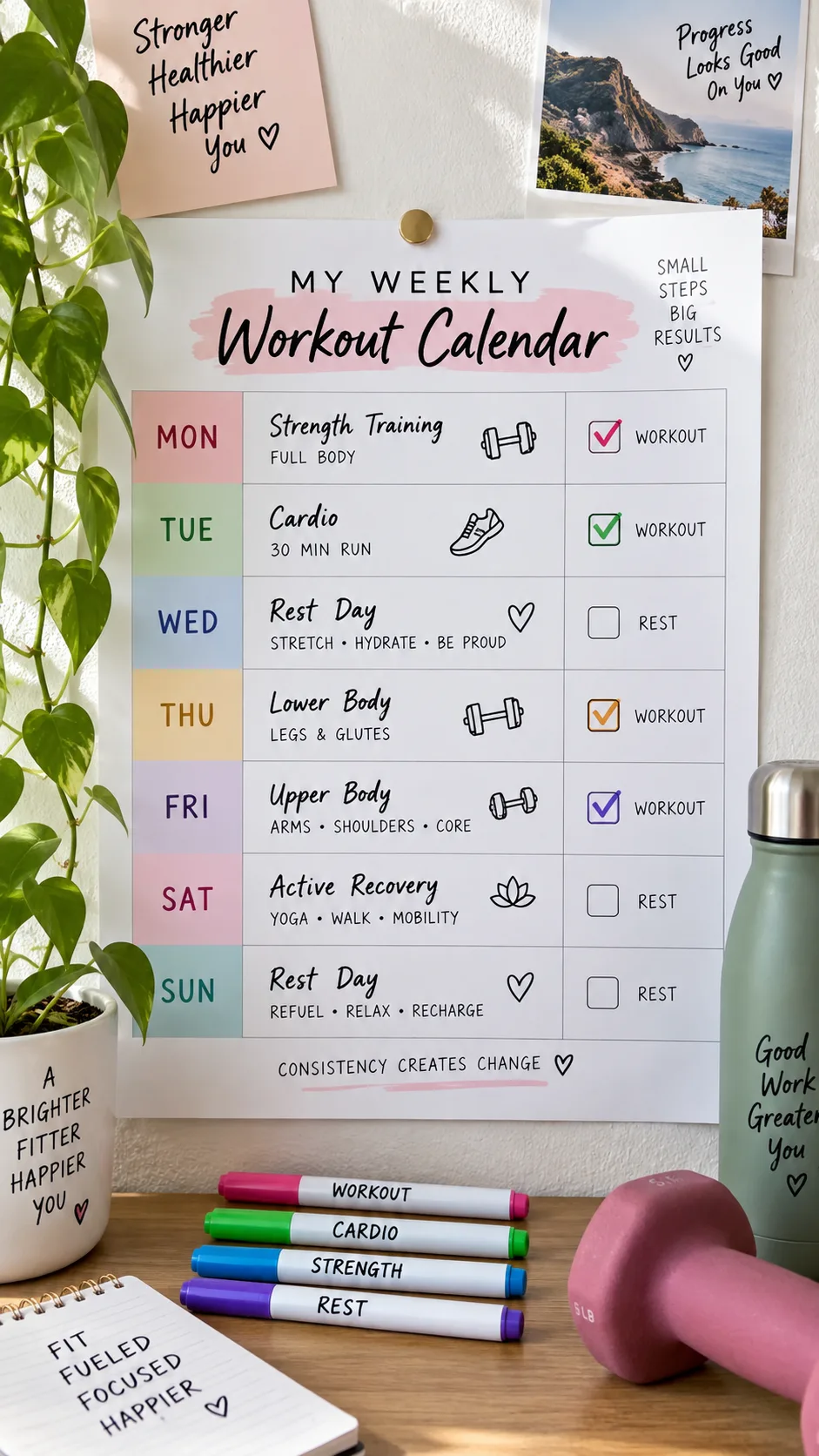A clean weekly workout calendar pinned on a wall with colored markers showing workout days and rest days, bright natural lighting, flat lay photography style