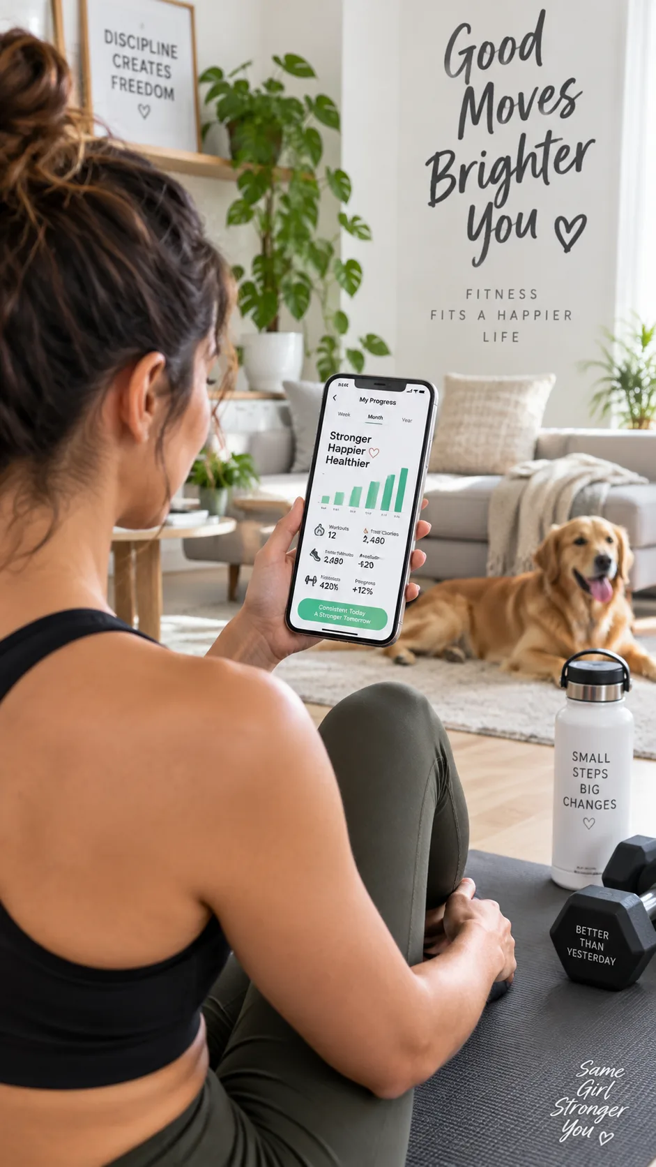 A person reviewing fitness progress on a smartphone app with a workout summary chart visible, sitting on a yoga mat in a bright living room — modern, motivating, and clean aesthetic