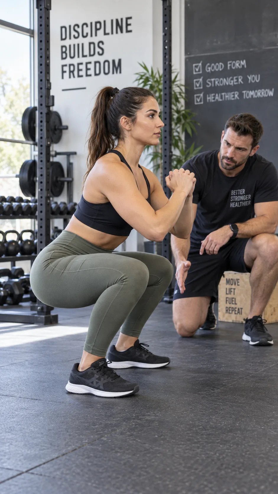Detailed realistic fitness photography of an adult athlete performing a bodyweight squat in a bright gym, side angle showing neutral spine, knees tracking over toes, heels flat on floor, coach observing proper squat form, clean instructional composition