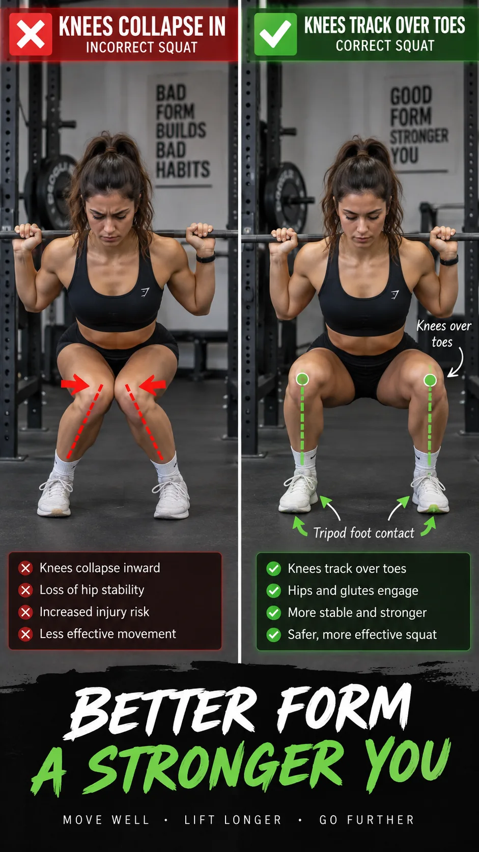 Split-screen instructional fitness photograph: left side shows incorrect barbell squat with knees collapsing inward, right side shows correct squat with knees tracking over toes and tripod foot contact, gym setting, clear educational visual styling