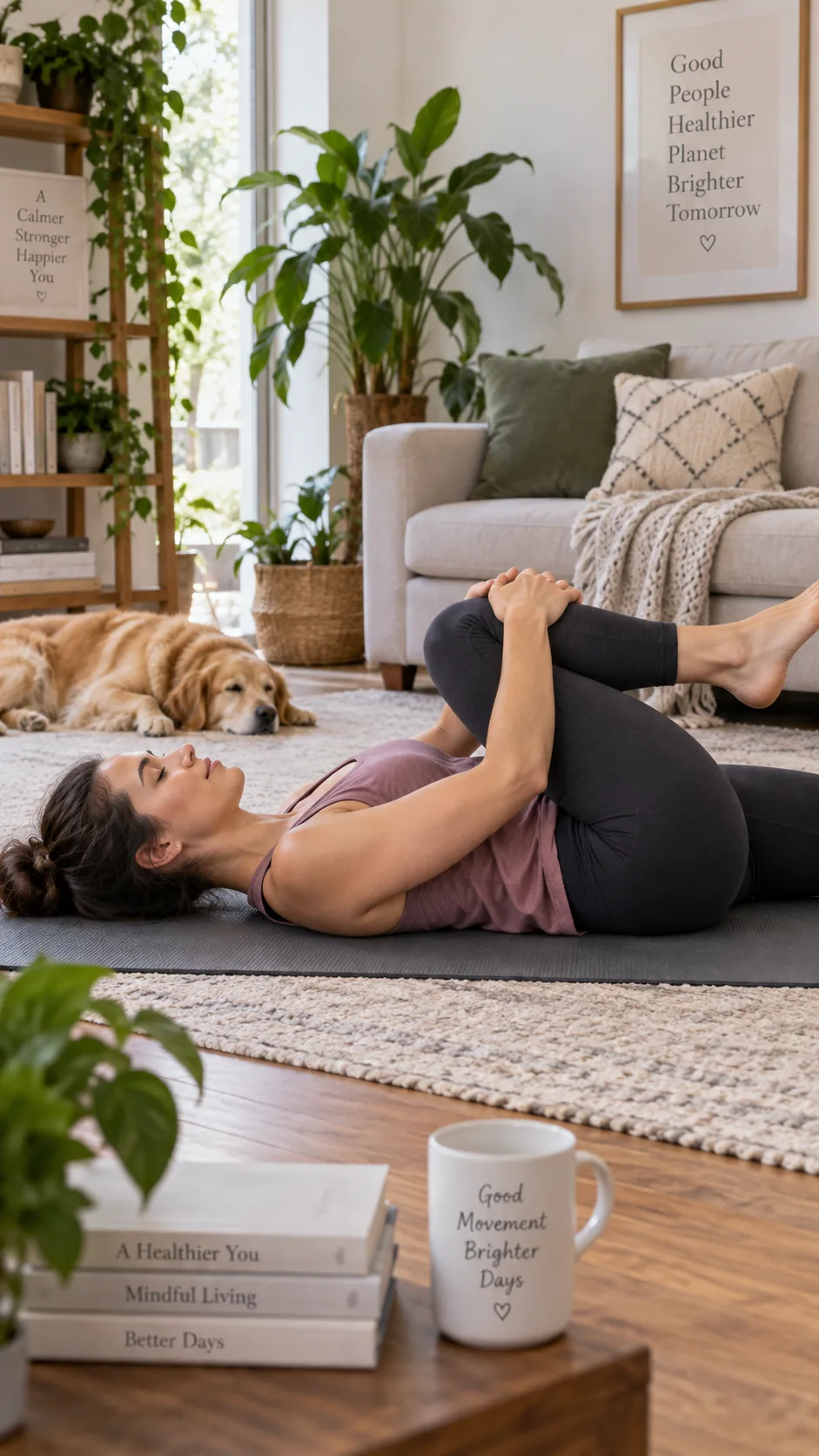 A person lying on a yoga mat at home performing a gentle lower back stretch, natural lighting, peaceful living room setting, photorealistic