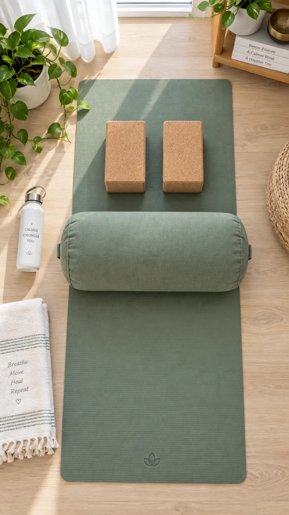 Flat lay view of a clean yoga mat with blocks and a bolster pillow ready for a back decompression routine, bright airy room, top-down perspective, photorealistic