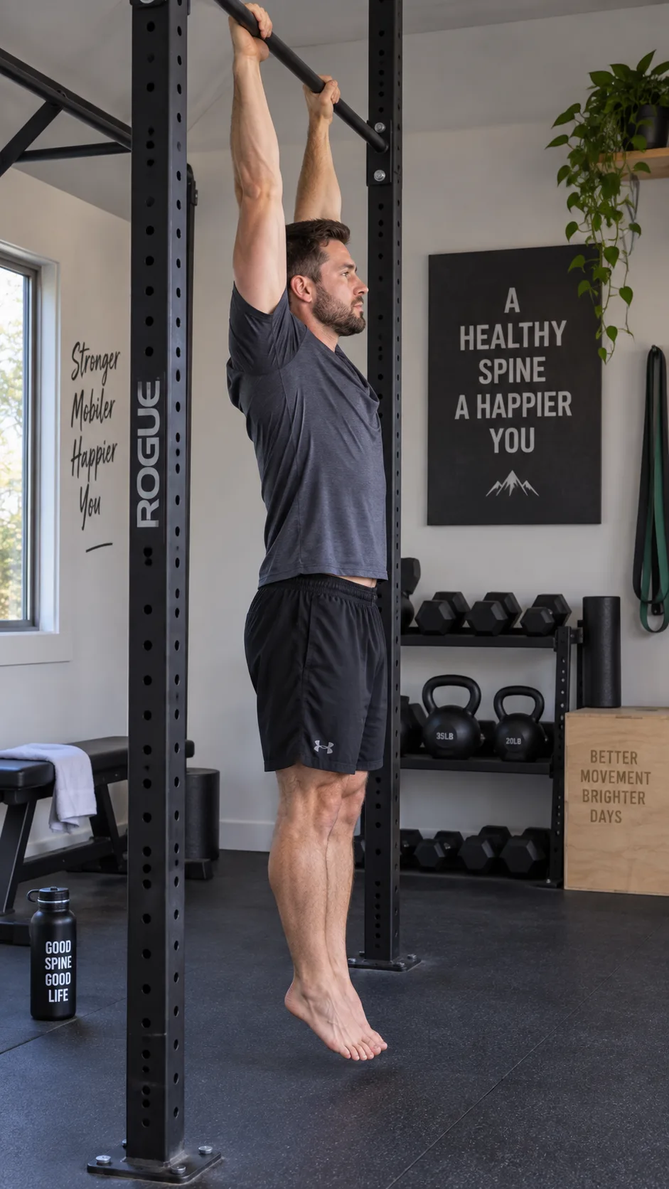 A person hanging from a pull-up bar indoors performing passive spinal traction for lower back decompression, home gym setting, side view, photorealistic