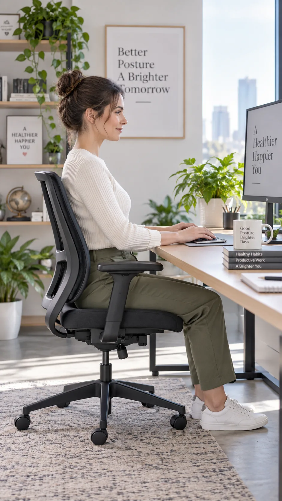 A person sitting at a desk with proper lumbar support and good posture, bright modern office setting, side profile view, photorealistic