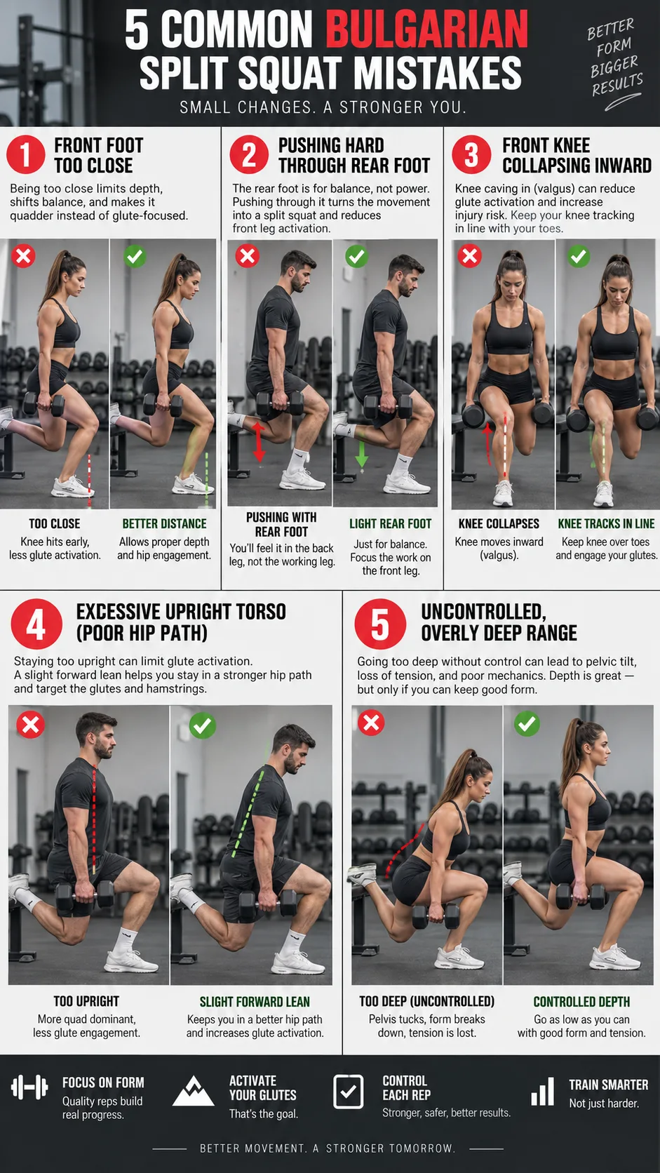 Bulgarian Split Squats Form: The 5 Subtle Mistakes That Wreck Your Knees and Glutes 2 Detailed instructional fitness photo collage with five panels showing Bulgarian split squat mistakes: front foot too close, pushing hard through rear foot, front knee collapsing inward, excessive upright torso with poor hip path, and uncontrolled overly deep range; each panel includes clear body position differences, neutral gym background, realistic athletic trainer demonstration