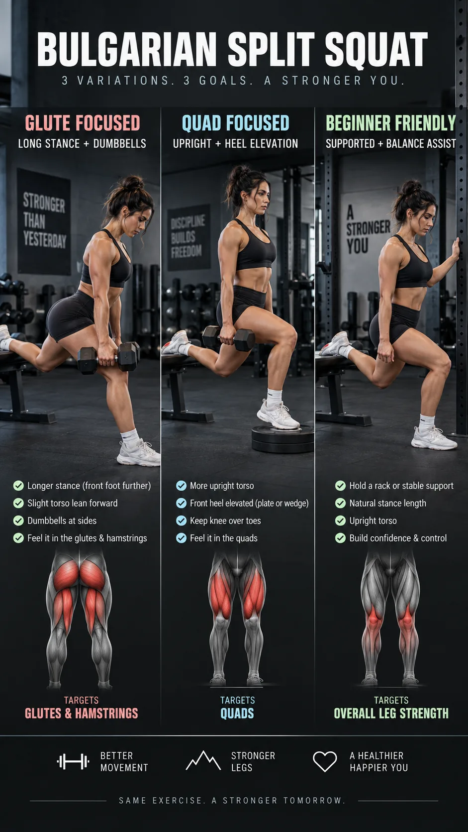 Bulgarian Split Squats Form: The 5 Subtle Mistakes That Wreck Your Knees and Glutes 3 Professional fitness photography showing three Bulgarian split squat variations side by side in a gym: glute-focused long stance with dumbbells and slight torso lean, quad-focused upright stance with front heel elevation, and supported beginner variation holding a squat rack; accurate anatomy-friendly posture and clear visual distinctions