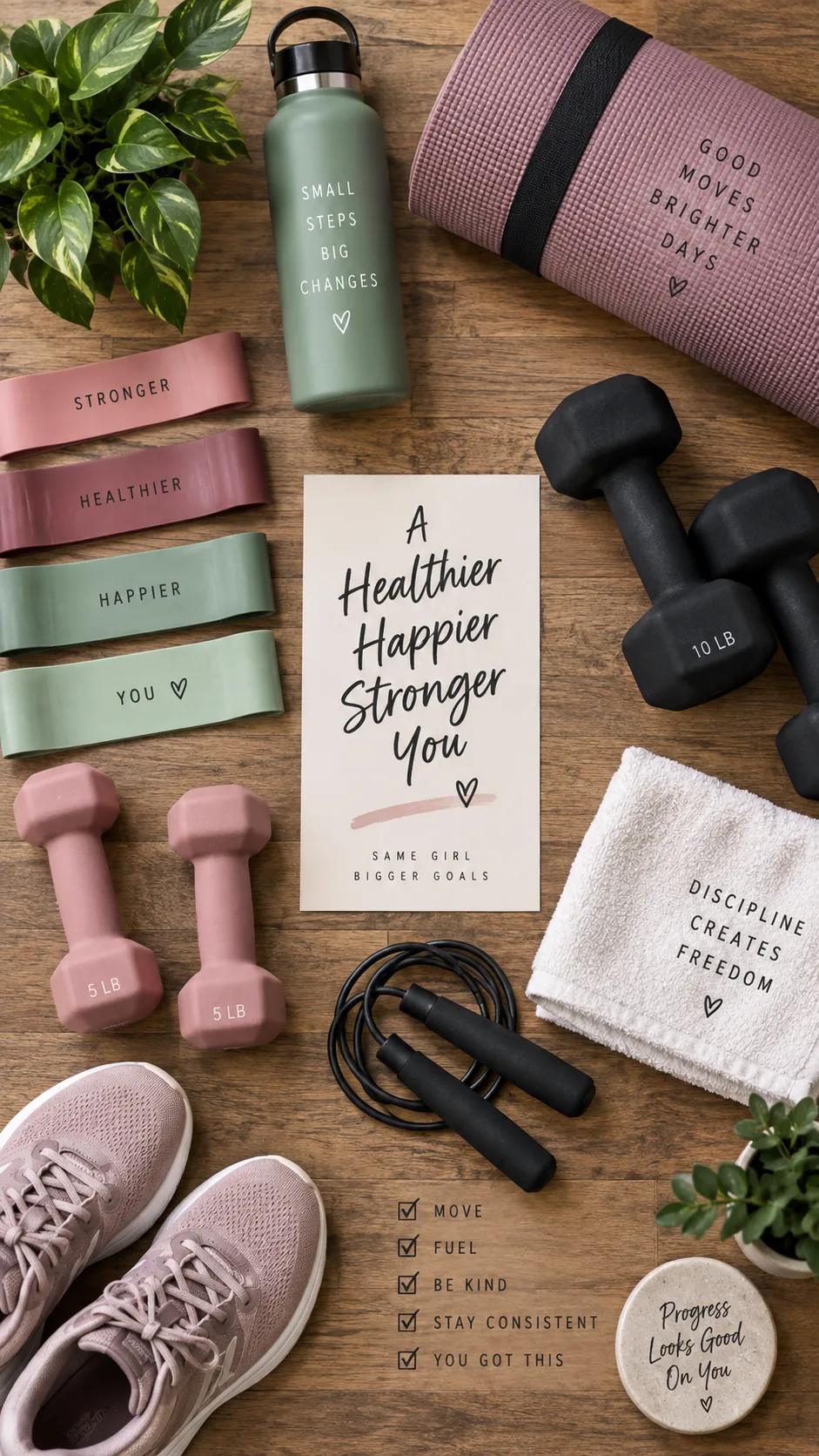 Leg Press at Home Without a Machine: 9 Moves That Actually Build Serious Leg & Glute Strength 2 A collage-style flat lay showing workout equipment like resistance bands, dumbbells, and a yoga mat arranged neatly on a wooden floor, top-down view, clean and motivational aesthetic