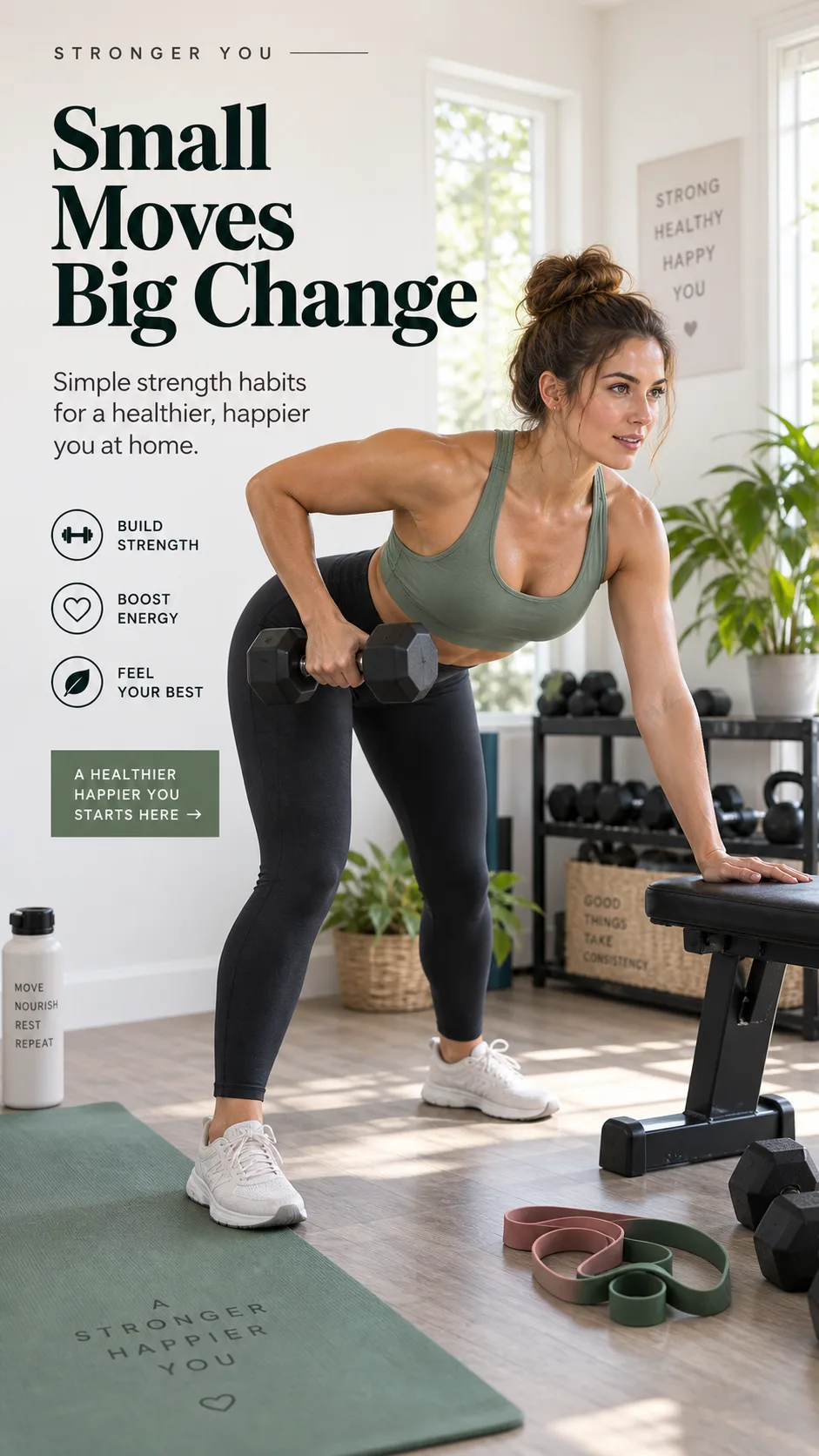 Realistic fitness photography of a confident woman in a bright home gym performing a dumbbell bent-over row with correct neutral spine posture, resistance bands and yoga mat nearby, natural daylight, educational wellness article style
