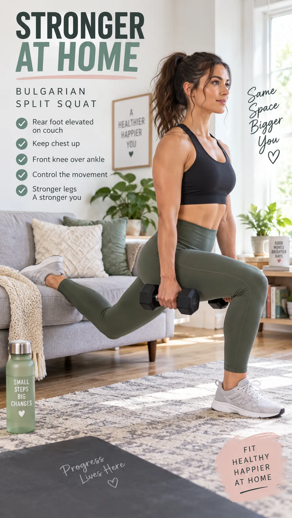 Leg Press at Home Without a Machine: 9 Moves That Actually Build Serious Leg & Glute Strength 3 A person performing a Bulgarian split squat using a couch in a home setting, proper form shown with elevated rear foot, athletic clothing, bright natural lighting