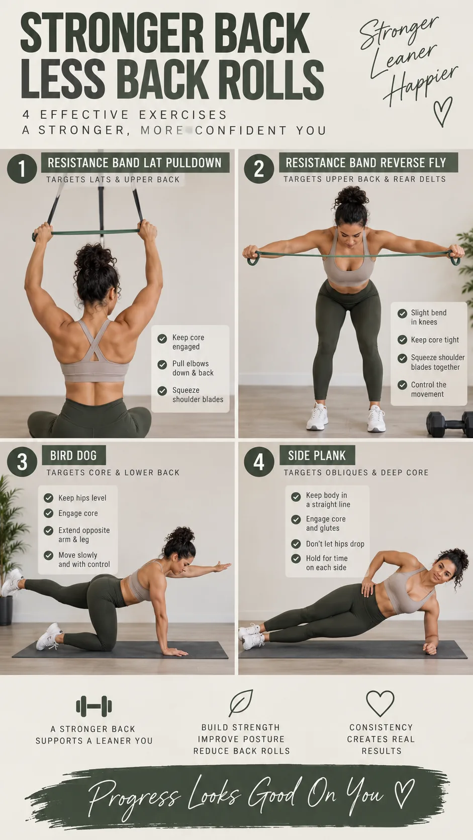 Fitness instructional collage showing four exercise positions for reducing back rolls: resistance band lat pulldown, reverse fly, bird dog, and side plank, diverse athletic woman wearing neutral workout clothing, clean studio background, realistic photography, clear correct form