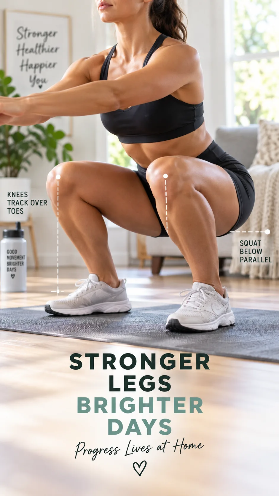 Leg Press at Home Without a Machine: 9 Moves That Actually Build Serious Leg & Glute Strength 6 Close-up of athletic legs performing a deep squat with perfect form in a home environment, focus on knee tracking and depth, bright natural lighting, motivational fitness photography style
