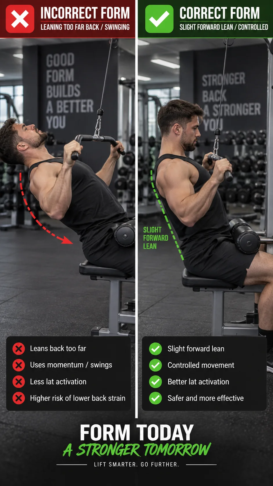 Side-by-side comparison of incorrect lat pulldown form (person leaning back too far, swinging) versus correct lat pulldown form (slight forward lean, controlled movement), gym setting, photorealistic fitness photography, clear instructional visual