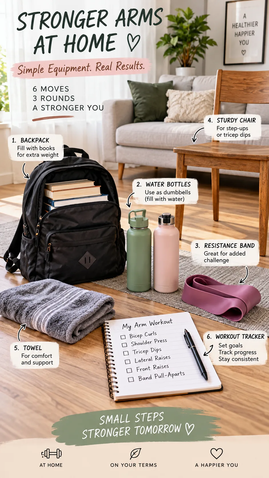 Step-by-step home arm workout flat lay showing a backpack filled with books, two water bottles, resistance band, sturdy chair, towel, and notebook workout tracker on a clean living room floor, bright realistic lifestyle photography