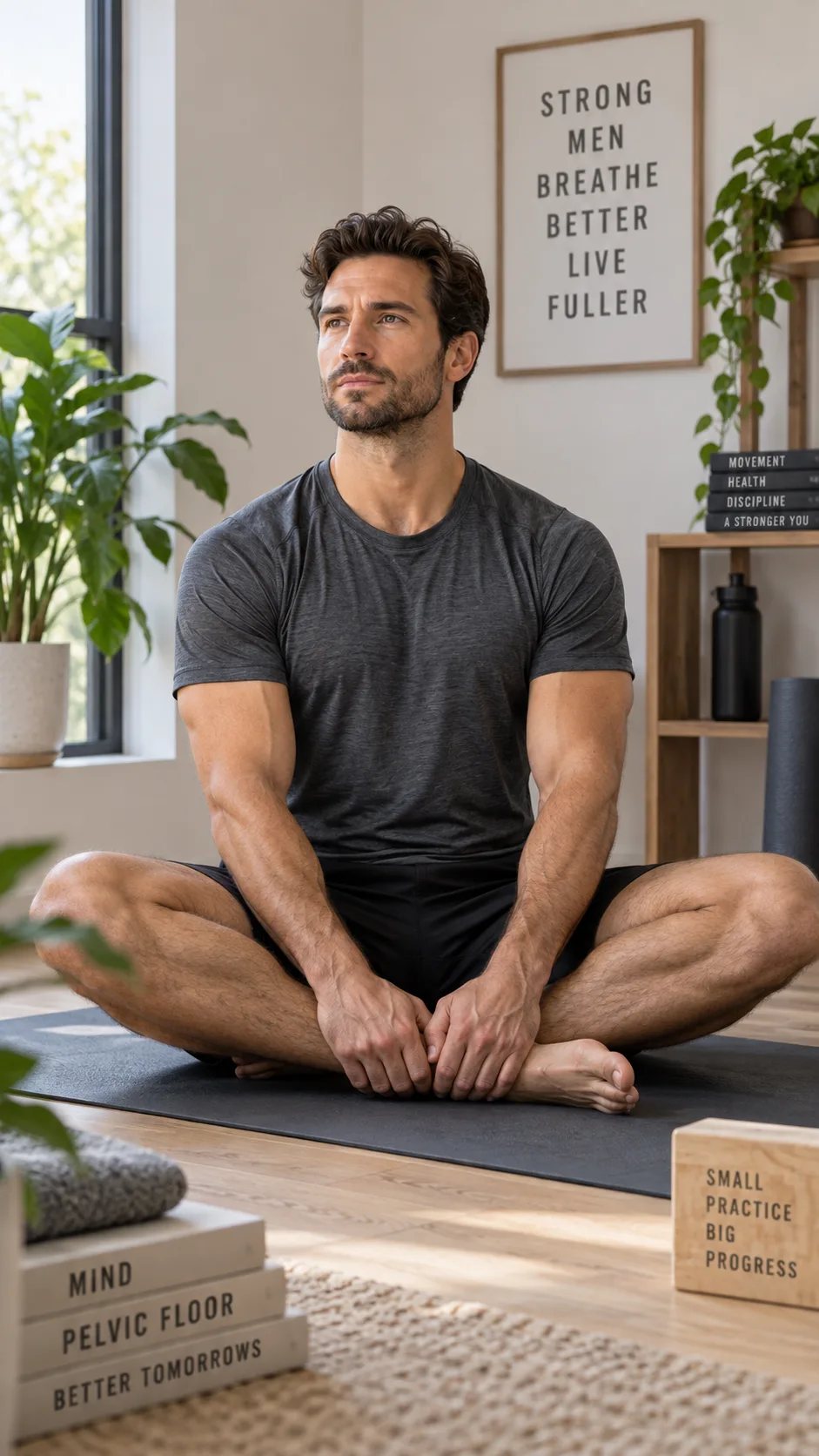Fit athletic man sitting calmly on a yoga mat at home in a quiet room, focused expression, natural lighting, representing mindful pelvic floor exercises for men