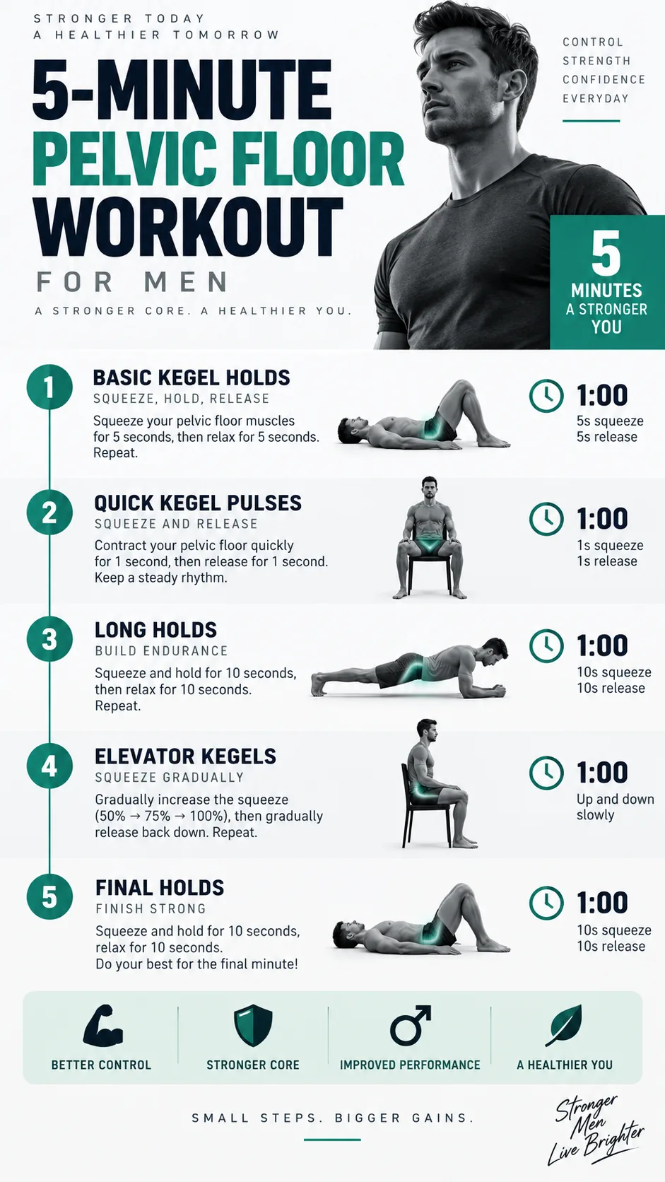 Clean minimalist workout timer graphic showing a 5-minute pelvic floor exercise routine broken into intervals, modern infographic style for men