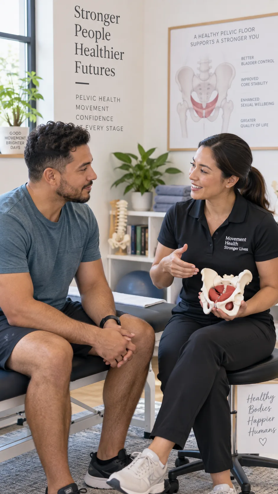 Man consulting with a physiotherapist in a clinic, friendly professional setting, natural light, discussing pelvic health, diverse representation