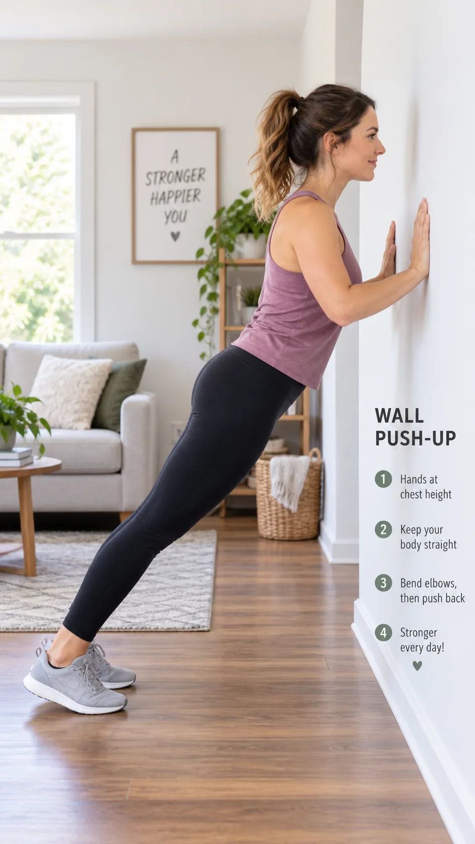 Bright realistic fitness photography of a beginner in comfortable workout clothes performing a wall push-up in a clean home living room, hands flat against a blank wall at chest height, straight body line, natural daylight, clear instructional composition
