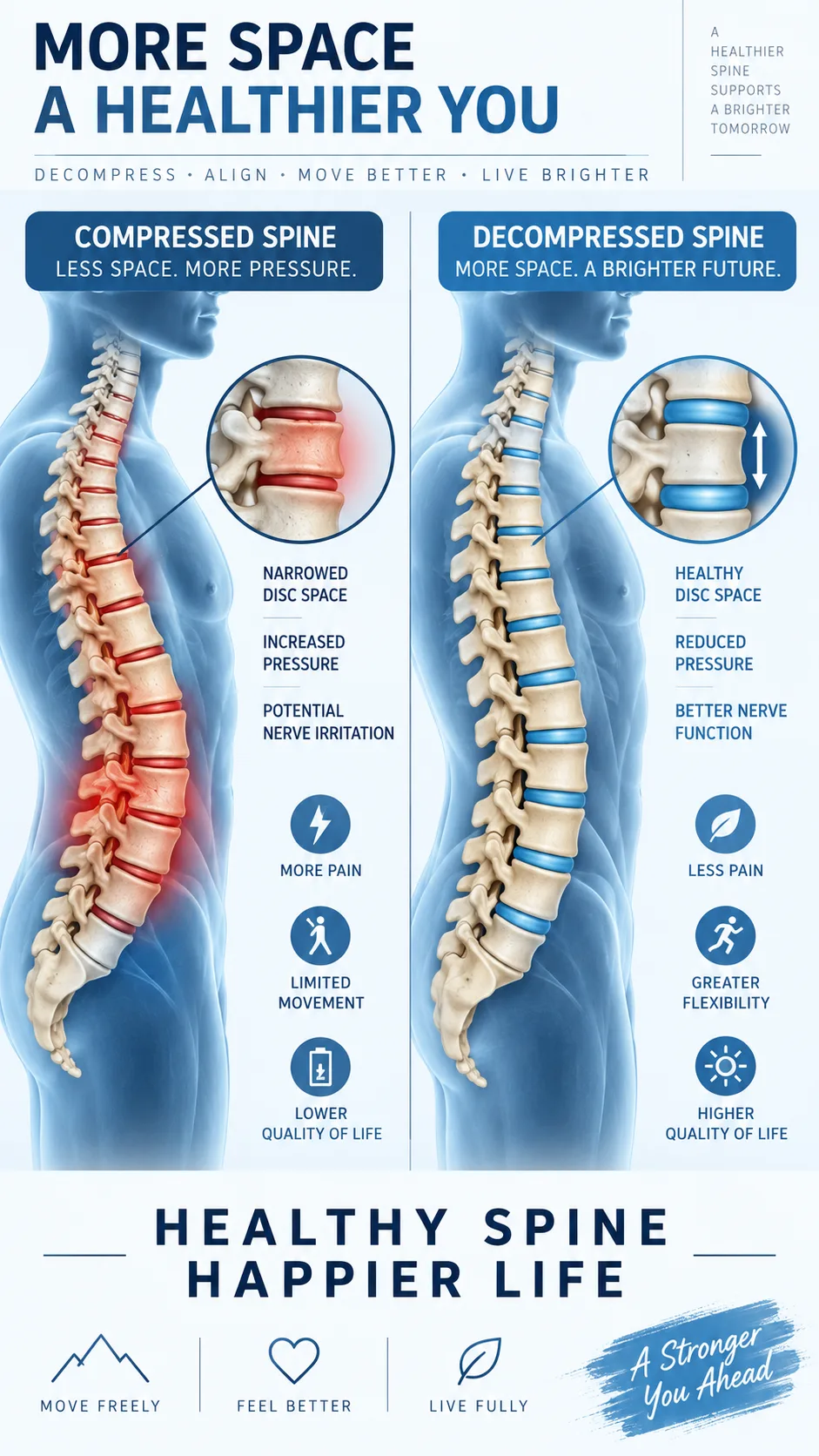 Yoga for Height Increase: 9 Poses That Decompress Your Spine and Help You Grow Taller 2 Scientific diagram-style illustration showing spinal compression versus a decompressed spine with space between vertebrae, clean infographic design, blue and white medical color palette