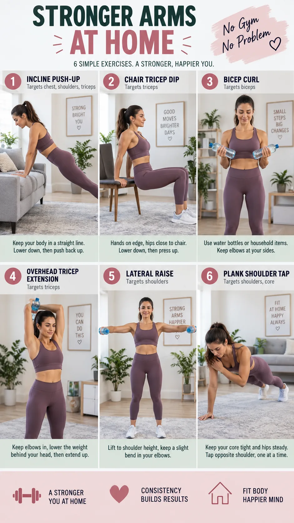 How to Tone Arms Quickly: The 15-Minute Routine That Melts Bat Wings at Home 3 Detailed fitness instructional collage in realistic photography showing six at-home arm exercises: incline push-up on sofa, chair tricep dip, standing bicep curl with water bottles, overhead tricep extension, lateral raise, plank shoulder tap, clean bright room, accurate safe form