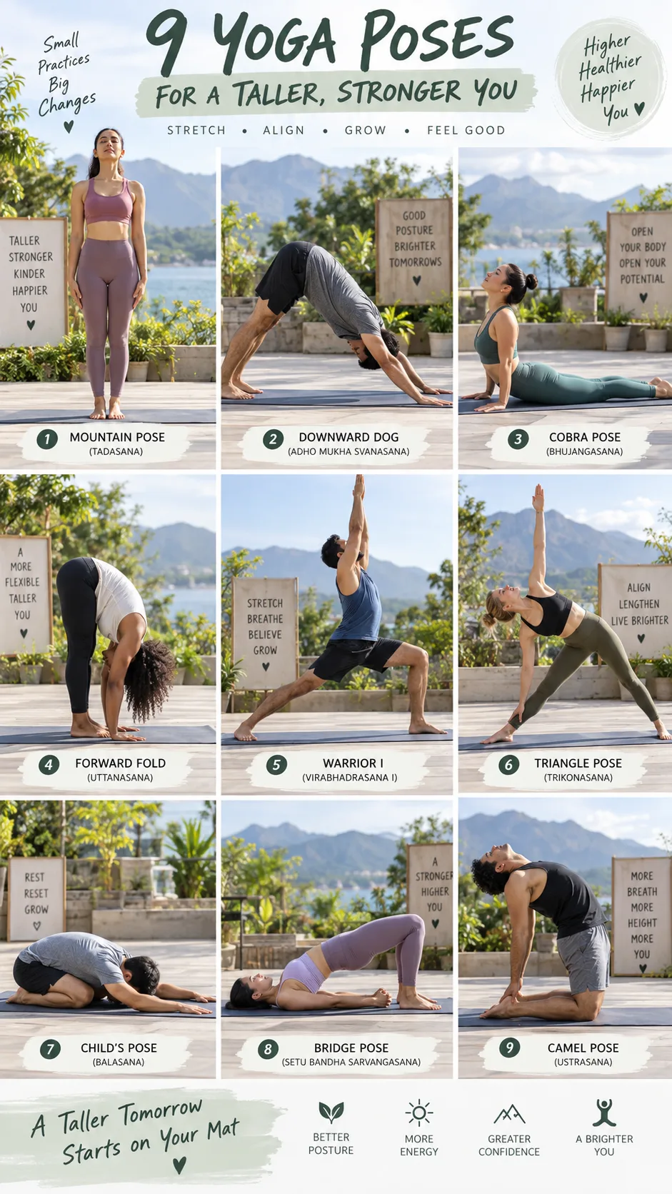 Yoga for Height Increase: 9 Poses That Decompress Your Spine and Help You Grow Taller 3 A collage of nine yoga poses for height increase including mountain pose, downward dog, cobra, and forward fold, performed by a diverse group of people in a sunny outdoor yoga space, realistic photography style