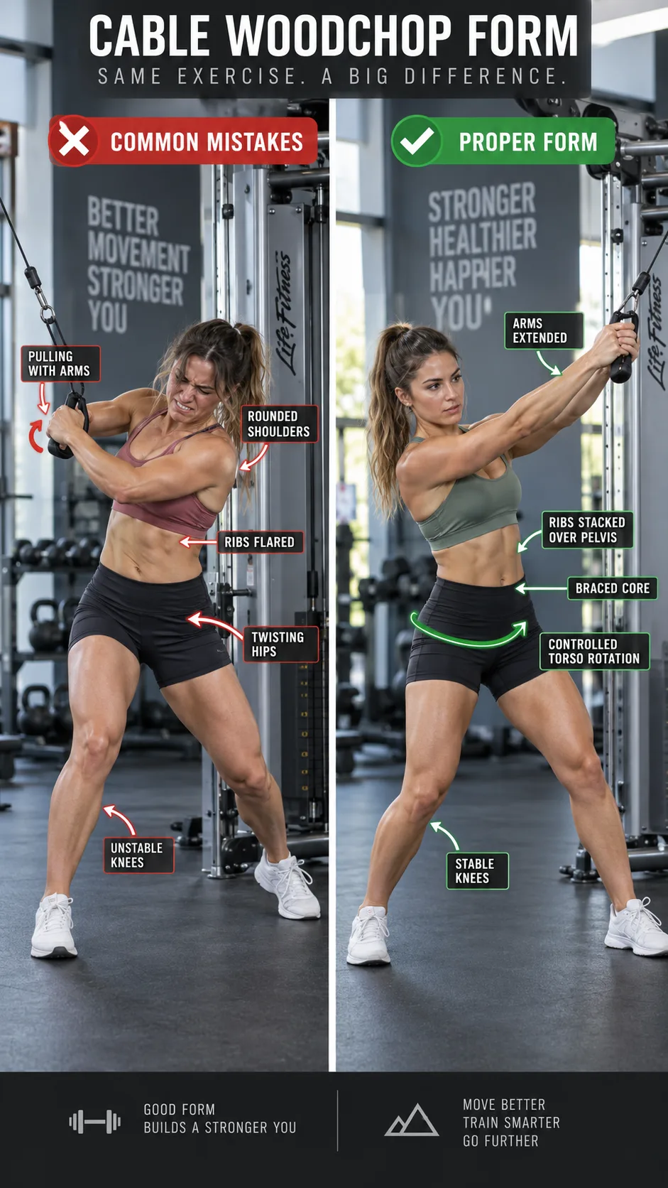 The Cable Woodchop Exercise Mistake That’s Wrecking Your Core Gains 2 Detailed fitness photography in a bright modern gym showing a side-by-side comparison of cable woodchop form: left athlete incorrectly pulling the cable mainly with bent arms, flared ribs, twisting hips and rounded shoulders; right athlete performing controlled standing cable woodchop with arms extended, ribs stacked over pelvis, stable knees, braced core and smooth torso rotation; cable machine visible, educational coaching style, realistic anatomy and clean composition