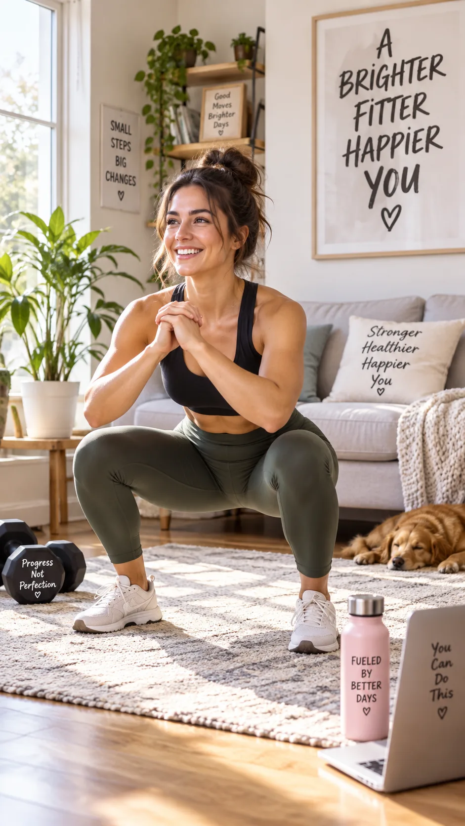The 3 2 1 Workout Method That Transformed My Fitness in 12 Weeks (No Gym Required) 1 Energetic woman doing a home workout in a bright living room, performing a bodyweight squat, wearing athletic wear, natural morning light, motivational and real-life feel